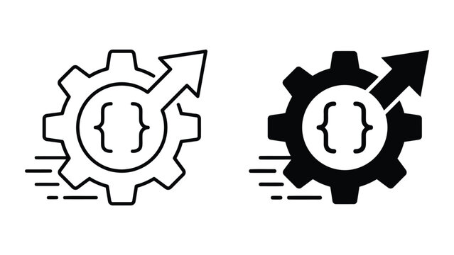 Fast software development and coding optimization gear icon set with development