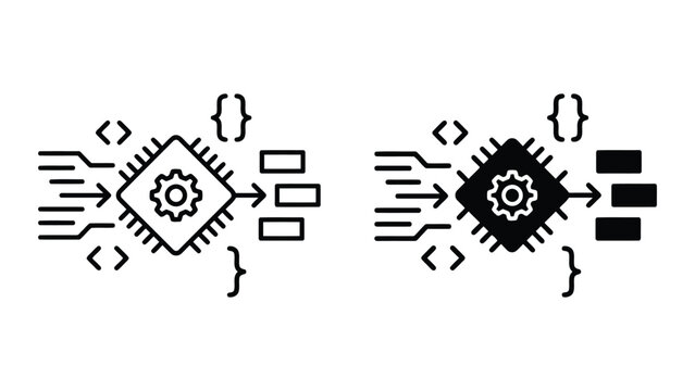 Data processor microchip programming logic icon set with processor, microchip