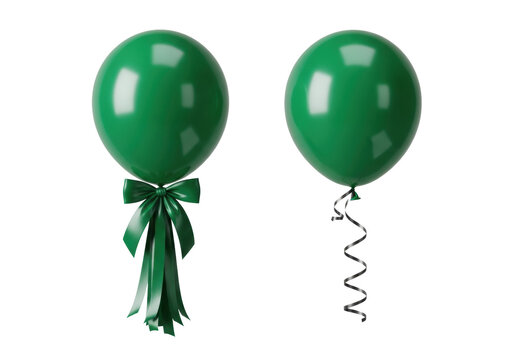 Two emerald green glossy latex balloons float side-by-side against a transparent backdrop with satin and curling ribbons minimalist product concept