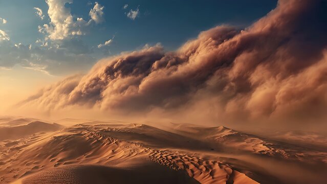 Dramatic sandstorm rolling over the vast arid desert landscape.
