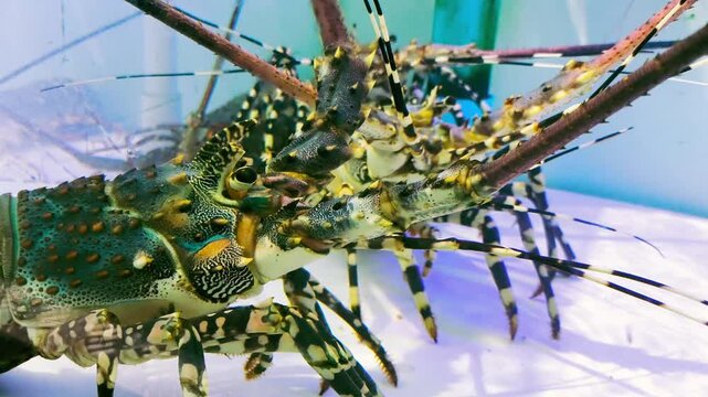  Spiny lobster in tank, Fresh seafood market.