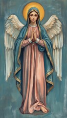 Obraz premium A serene angel with a golden halo, white wings, and a flowing blue and pink robe, depicted in a classical religious painting style.