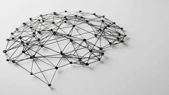Clean black single-line art illustration of a network of connected dots forming a brain shape