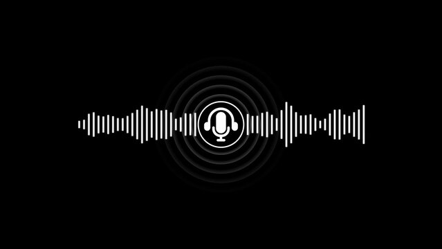White microphone centered in a digital audio waveform on a solid black background representing sound recording and podcasting technology