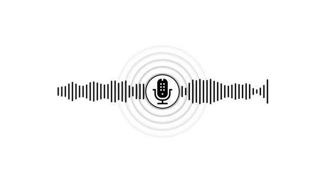 Black microphone centered in a digital audio waveform on a solid white background representing sound recording and podcasting technology