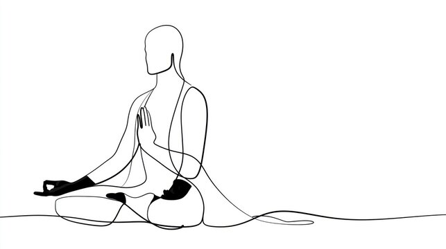 Clean black single-line art illustration of a faceless person meditating cross-legged in a calm pose