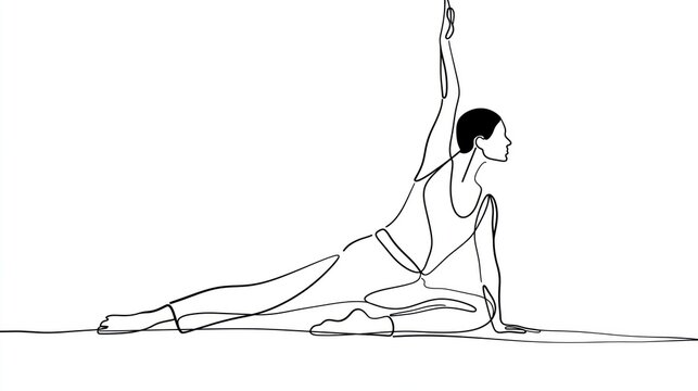 Clean black single-line art illustration of a faceless person in a flowing yoga stretch pose