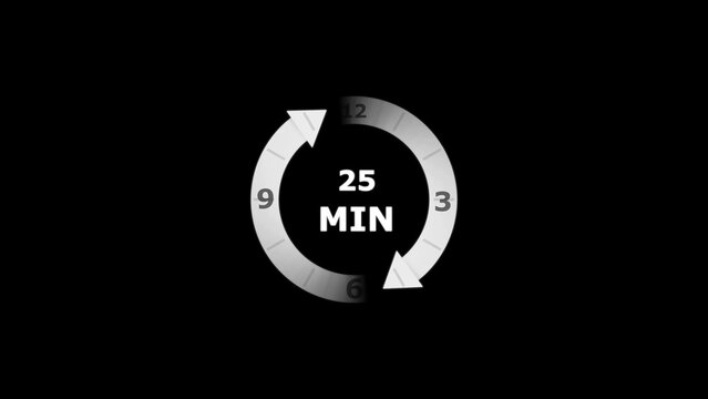Circular timer with twenty five minutes text in white on a black background featuring a gradient ring with clock numbers twelve three six nine