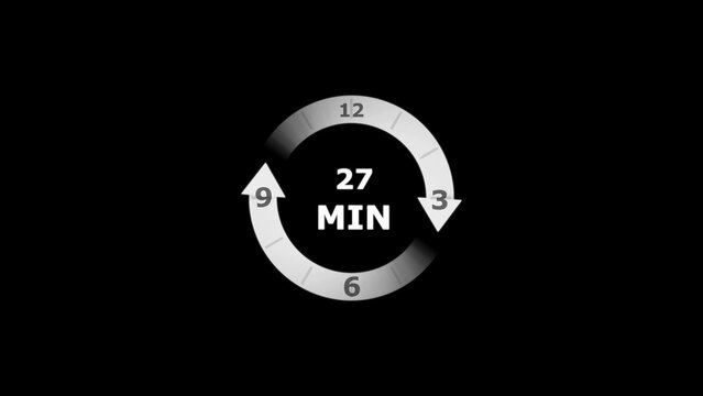 Circular timer with twenty seven minutes text in white on a black background featuring a gradient ring with clock numbers twelve three six nine