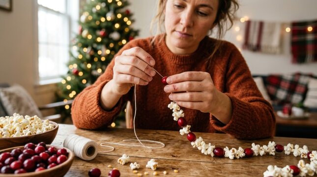 Close up view of hands threading fresh popcorn kernels and cranberries onto a classic festive garland string