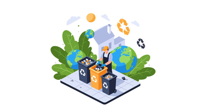 Person sorting waste into recycling bins with globes and plants.