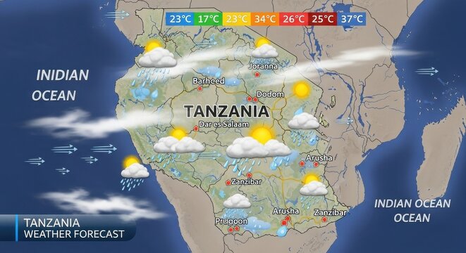 Tanzania Weather Forecast Map with Indian Ocean and Climate Symbols.