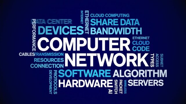 Computer Network animated word cloud-text design animation tag kinetic typography seamless loop.
