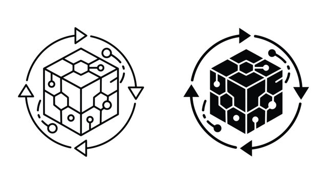 Neural network cube data iteration cycle icon set with iteration, artificial