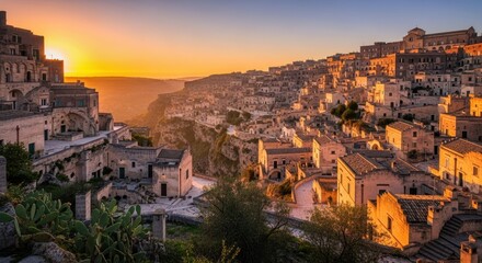 Obraz premium Sunset Over Historic Hillside Village with Warm Glow.