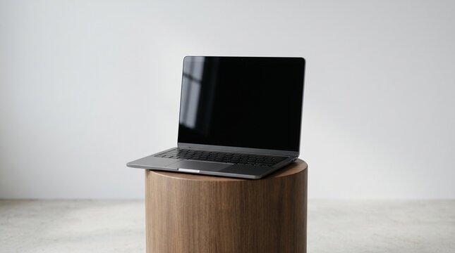 A sleek black laptop on a wooden stand.