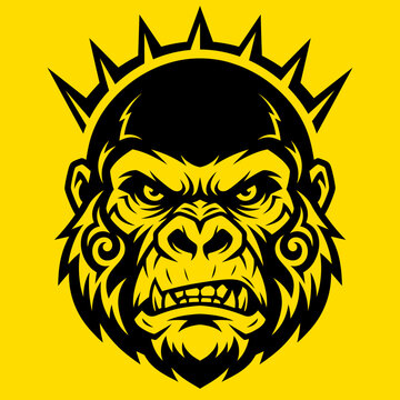An angry gorilla head with a crown on a yellow background illustration