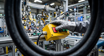 Fototapeta premium Hand in glove presses red button on yellow control panel for automated manufacturing line.