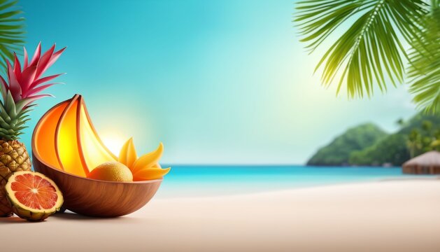 Tropical Beach Background with Fruit Boat and Calm Blue Sea