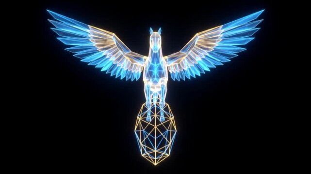 幾何学的なサナギから羽化し翼を広げる結晶のペガサス。暗黒空間で発光する二光子励起顕微鏡風の高精細CG映像