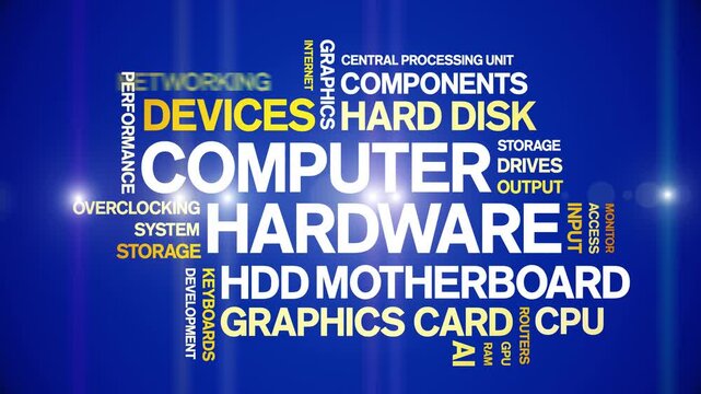 Computer Hardware animated word cloud-text design animation tag kinetic typography seamless loop.