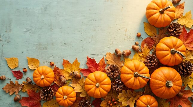 Thanksgiving background with autumn pumpkins icon, fall maple leaves and pinecones border on rustic blue wooden table illustration banner