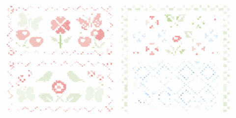 cross stitch floral pattern in pastel colors pixel art embroidery flower design textile artwork handmade crafts decorative ornament aesthetic stylized © Lalin