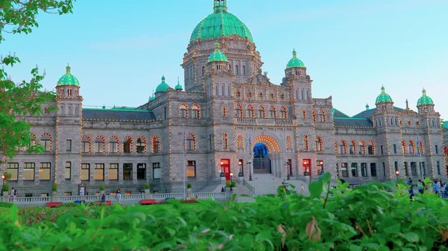 Victoria, BC, Canada &ndash; July 10, 2026: Facade of British Columbia Parliament Buildings illuminated at twilight