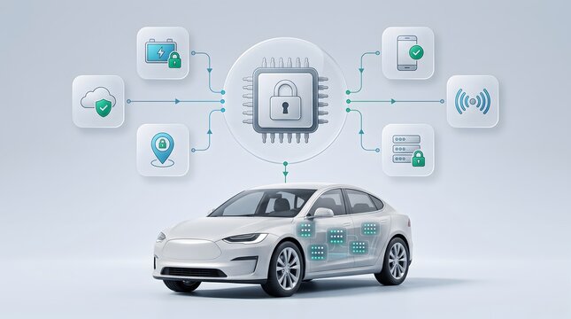 Connected vehicle data security ecosystem displaying electric car integrated with cloud mobility and smart infrastructure