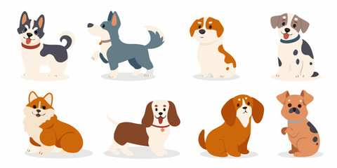 various dog breeds in cute flat vector style on white background dogs puppies canines husky beagle dalmatian chihuahua corgi illustration © Lalin
