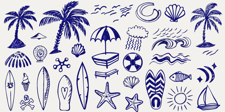 hand drawn blue summer beach doodles on white background palm tree umbrella shell surfboard fish sun jellyfish waves sandals ice