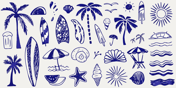 hand drawn blue summer beach doodles on white background hand drawn palm tree surfboard umbrella shell seagull ice cream sun waves starfish watermelon