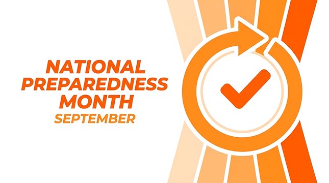 National Preparedness Month Awareness Concept with Clock and Checkmark Symbol on Orange Background