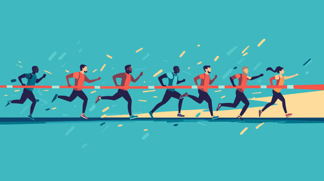 Diverse runners compete in a race crossing finish line