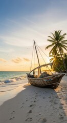 Obraz premium Traditional Wooden Boat on Tropical Beach at Sunrise.