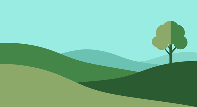Minimalist flat vector illustration of rolling green hills with a single tree.