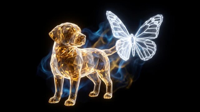 蝶を追いかけ振り返る子犬の結晶体CG。暗黒空間で発光する二光子励起顕微鏡風の高精細映像