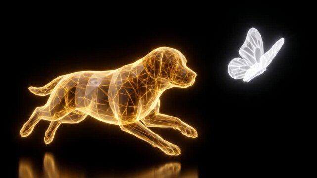 蝶を追いかけ振り返る子犬の結晶体CG。暗黒空間で発光する二光子励起顕微鏡風の高精細映像