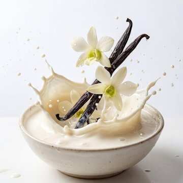Vanilla Pods and Delicate Orchid Flowers Create a Dynamic Splash in a Bowl of Creamy White Milk
