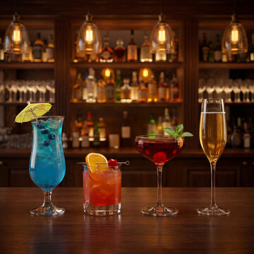 An assortment of colorful, refreshing alcoholic beverages neatly arranged on a dark wooden bar counter in a cozy, softly lit pub environment.