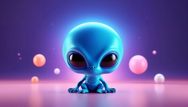 Cute Blue Alien Character on Colorful Fantasy Planet