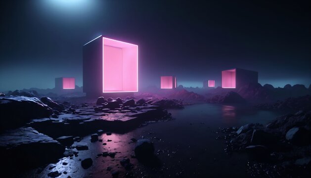 Glowing Pink Monolith in Dark Futuristic Alien Landscape