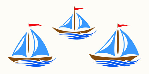 Stylized Sailboats With Blue Sails And Red Flags Vector Illustration © Ganesh