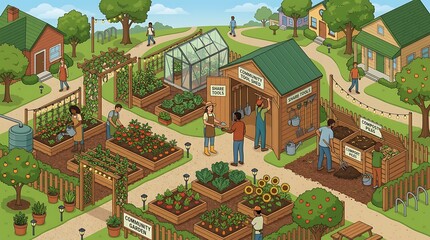 Fototapeta premium People grow plants in a community garden with greenhouses and raised beds