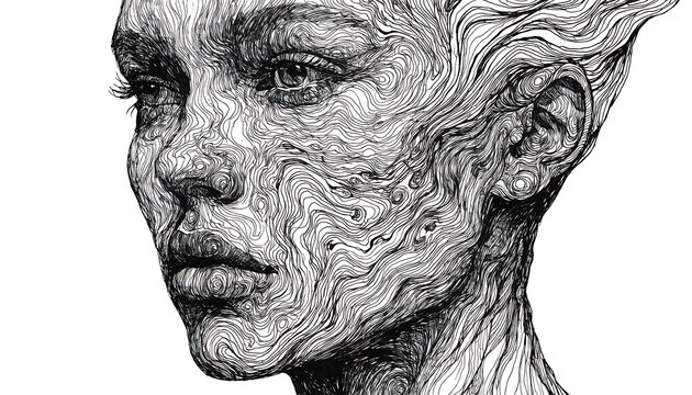 Detailed wireframe portrait of a woman&rsquo;s face in profile