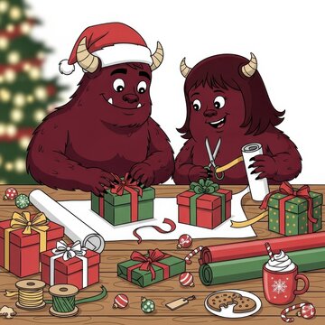 Two cartoon monsters wrapping Christmas presents together.