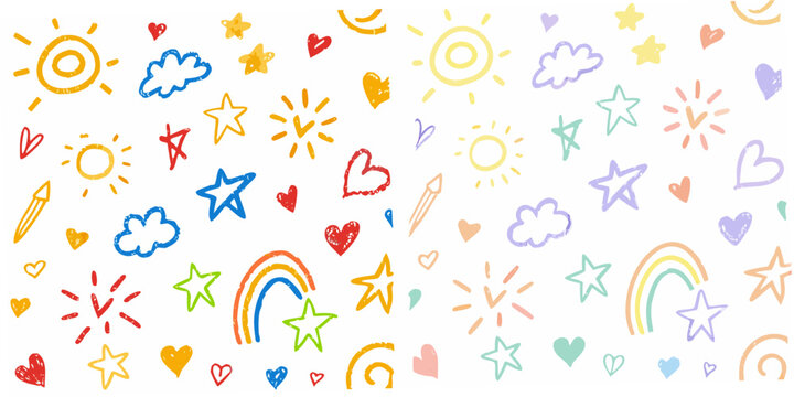 Colorful doodle pattern featuring suns stars hearts and rainbows