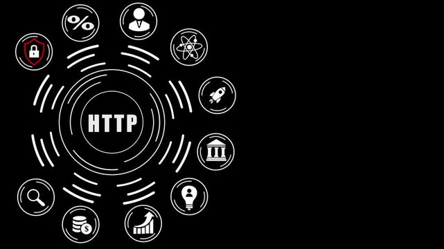 HTP concept with icons and dot on dark background HTTP hypertext transfer protocol, abstract circles and gears background.4k loop Animation,video