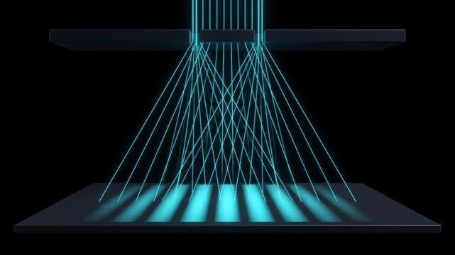 二重スリット実験における光の干渉と波紋の伝播。暗黒空間に浮かび上がる量子力学の高精細CG映像