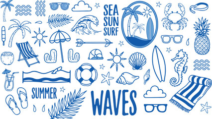 Obraz premium Summer beach vacation doodle set with hand drawn icons of surfboards palm trees waves and tropical elements